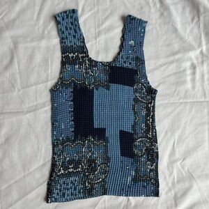Vintage Impressions Blue Patchwork Pattern Scrunch Material Tank Top Size M